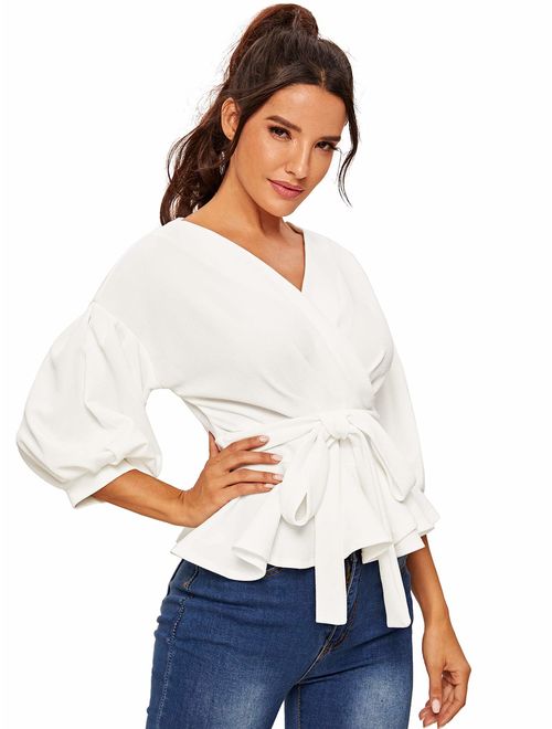 SheIn Women's Lantern 3/4 Sleeve V Neck Ruffle Blouse Tie Waist Wrap Peplum Top