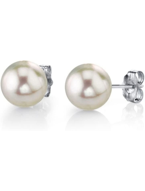 THE PEARL SOURCE White Japanese Akoya Real Pearl Earrings for Women - 14k Gold Stud Earrings | Hypoallergenic Earrings with Genuine Cultured Pearls, 4.5mm-10.0mm
