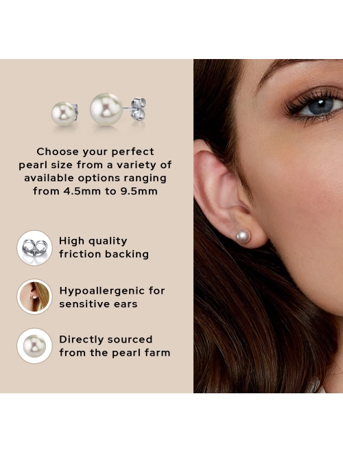 THE PEARL SOURCE White Japanese Akoya Real Pearl Earrings for Women - 14k Gold Stud Earrings | Hypoallergenic Earrings with Genuine Cultured Pearls, 4.5mm-10.0mm