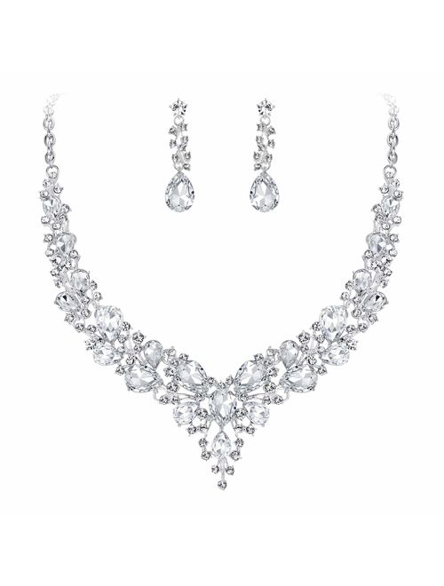 BriLove Women's Wedding Bridal Austrian Crystal Teardrop Cluster Statement Necklace Dangle Earrings Set