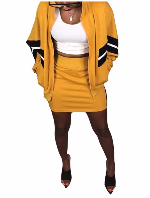Angsuttc Women's Casual 2 Piece Outfit Long Sleeve Zipper Up Jacket+Mini Skirt Set