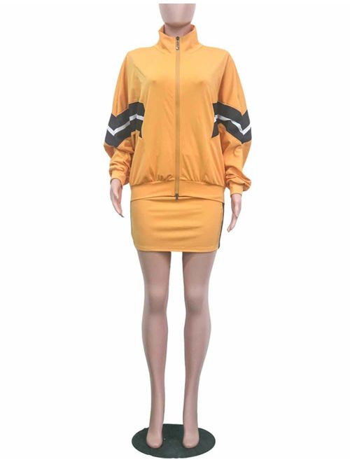 Angsuttc Women's Casual 2 Piece Outfit Long Sleeve Zipper Up Jacket+Mini Skirt Set