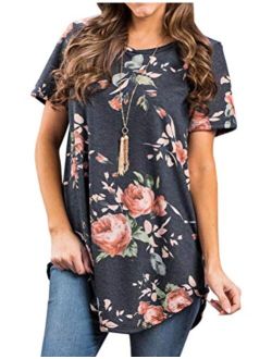 Ezcosplay Women's Round Neck Short Sleeve Floral Print Asymmetric Hem Shirt Top
