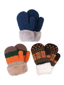 Kids Winter Warm 3 Pairs Sherpa Lined Knitted Gloves Boys Girls Mittens