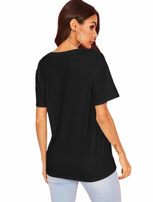 SheIn Women's Summer Teen Basic V Neck Short Sleeve Loose Casual Tee T-Shirt Top