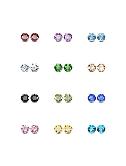 JewelrieShop Stud Earrings for Women Girl Stainless Steel Post Earrings Hypoallergenic CZ Birthstone Ear Studs Earings (Multicolor,4-8mm,8-12pairs)