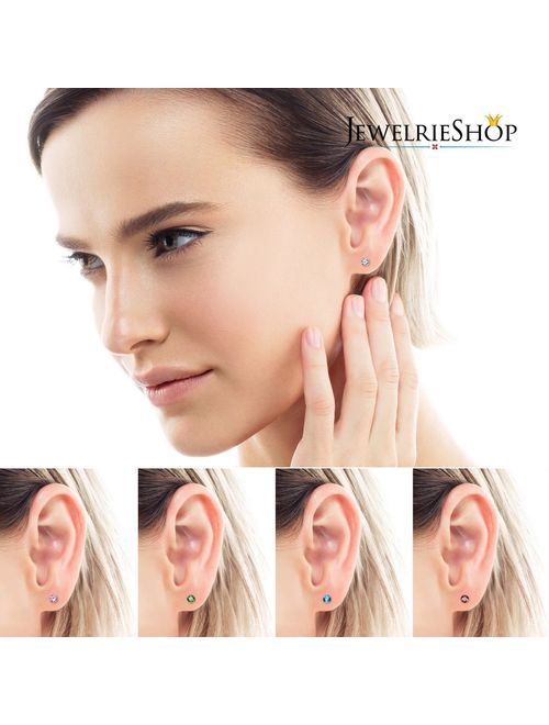 JewelrieShop Stud Earrings for Women Girl Stainless Steel Post Earrings Hypoallergenic CZ Birthstone Ear Studs Earings (Multicolor,4-8mm,8-12pairs)