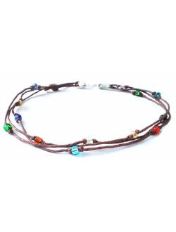 Brown Hemp Multicolor Glass Beaded Three String Anklet - Handmade