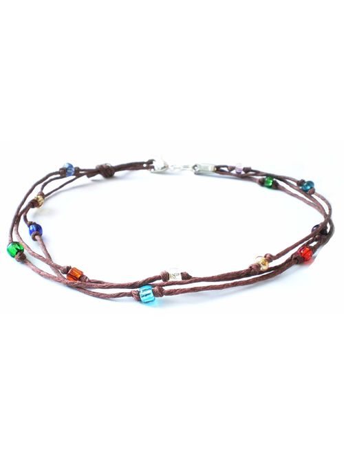 Brown Hemp Multicolor Glass Beaded Three String Anklet - Handmade