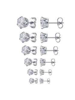 Jstyle Jewelry Women's Stainless Steel Round Clear Cubic Zirconia Stud Earring (6 Pairs)