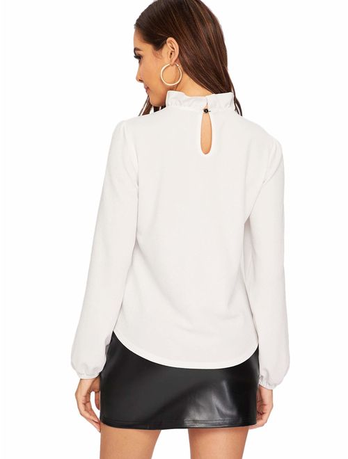 SheIn Women's Elegant Tied Lace Panel Frill Neck Blouse Long Sleeve Top Blouse