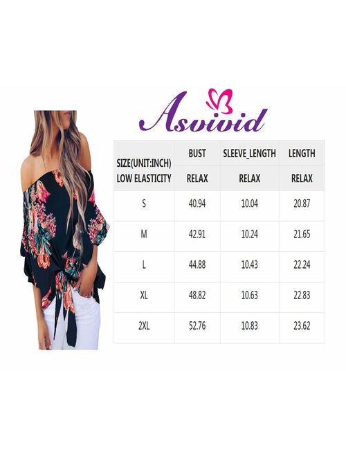Asvivid Womens Floral Off The Shoulder Tops 3 4 Flare Sleeve Tie Knot Blouses and Tops