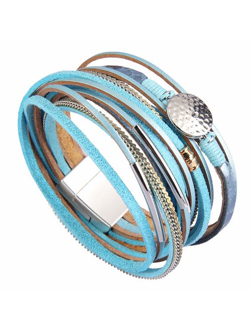 AZORA Leather Wrap Bracelets for Women Goldplated Metal Crescent Cuff Bracelet with Magnetic Buckle Casual Bohemian Wrist Bangle Jewelry Gift for Ladies Teen Girls Sister