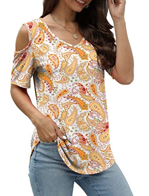 SLIMMING GRIL Women's Casual T Shirt V Neck Cold Shoulder Tops Short Sleeve Tshirt