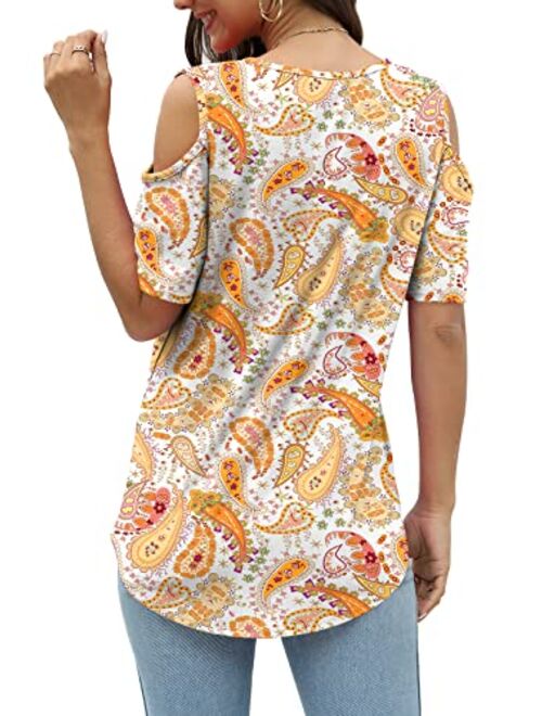 SLIMMING GRIL Women's Casual T Shirt V Neck Cold Shoulder Tops Short Sleeve Tshirt