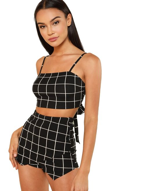 Floerns Women's Spaghetti Strap Plaid Crop Top and Overlap Shorts Set