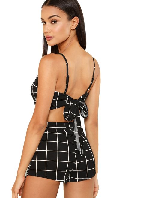 Floerns Women's Spaghetti Strap Plaid Crop Top and Overlap Shorts Set