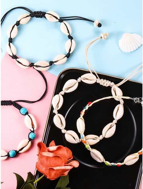 meekoo 4 Pieces Natural Cowrie Shell Ankle Bracelets Seashell Crochet Ankle Bracelet Handmade Boho Anklet Jewelry Adjustable Shell Bead Anklet for Women Girls Hawaii Beac