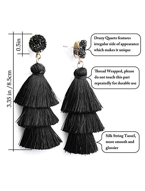 Me&Hz Bohemian Big Dangle Drop Statement Colorful 3 Tier Layer Tassel Earrings