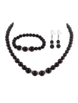 Femtindo Faux Pearl Necklace Earring and Bracelet Black Costume Jewelry Set for Women