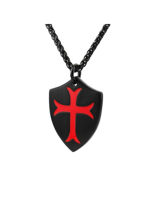 HZMAN Knights Templar Cross Joshua 1:9 Shield Stainless Steel Pendant Necklace with 24 inch Chain