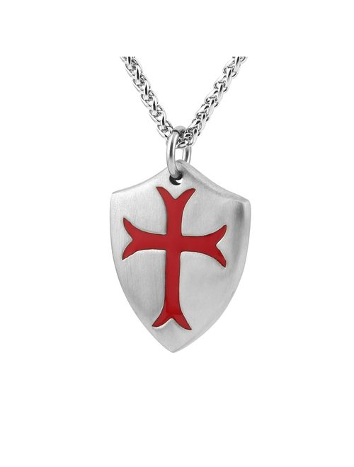 HZMAN Knights Templar Cross Joshua 1:9 Shield Stainless Steel Pendant Necklace with 24 inch Chain
