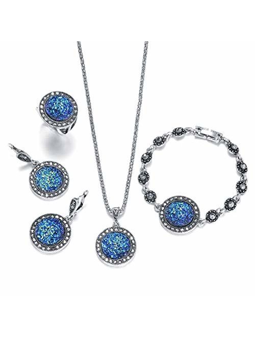 LUYUAN JEWELRY 4 PCS Black Jewelry Set for Women Diamond Drusy Agate Pendant Women Necklace Earring Ring and Bracelet Wedding Jewellery