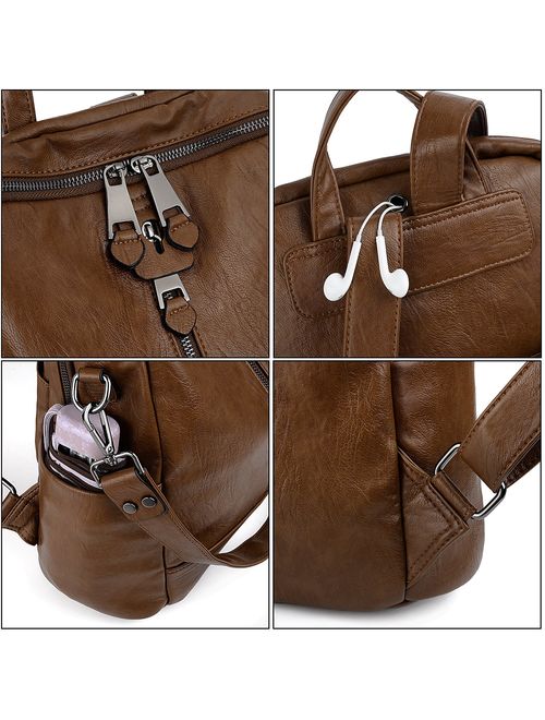UTO Women Backpack Purse PU Washed Leather Convertible Ladies Rucksack Zipper Pockets Earphone Hole Shoulder Bag