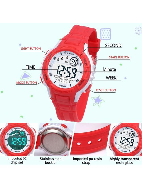 Kids Digital Watches for Girls Boys,Outdoor Sports Waterproof Multi Function Wristwatch with Alarm/Timer/LED Light/Dual Time Zone/Soft Rubber Strap for Children Gift Box 