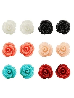 JewelrieShop Handcrafted Assorted Colors Rose Flower Earring Studs for Women Girls, Stainless Steel Hypoallergenic Earring Pins
