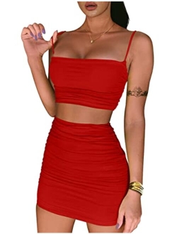 BEAGIMEG Women's Ruched Cami Crop Top Bodycon Skirt 2 Piece Outfits Dress