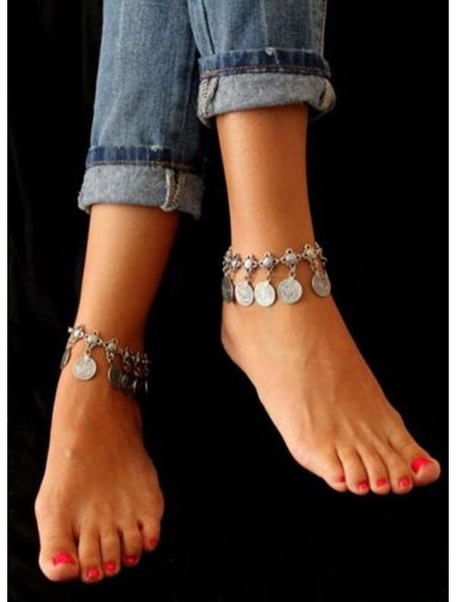yueton Pack of 2 Vintage Bohemian Gypsy Coin Tassel Beach Anklet Chain Tribal Ethnic Retro Coin Bracelet