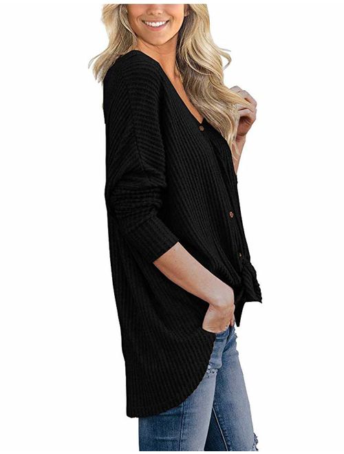 Halife Womens Waffle Knit Tunic Blouse Long Sleeve V Neck Button Down T Shirts Tie Front Tops