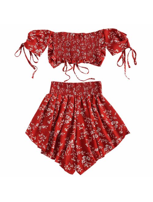 ZAFUL Women's Floral Two Piece Set Off Shoulder Drawstring Crop Top Smocked Shorts Set