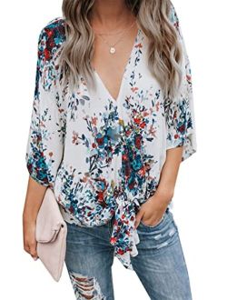 imesrun Womens Floral Print V Neck Chiffon Blouses Loose Lantern Sleeve Tie Knot Front Casual Tops 