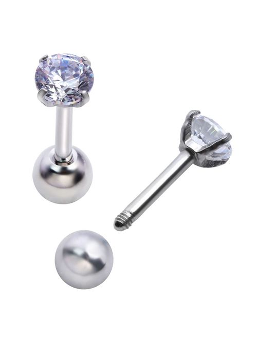 Zysta Pair Clear Cubic Zirconia 16G Earring Studs Round Rhinestone Diamond Stainless Steel Post Back Ball 