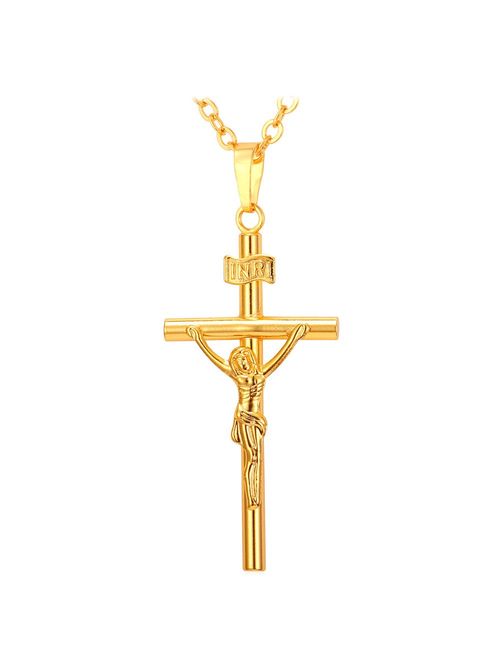 U7 Boys Girls Crucifix Cross Necklace Platinum/Stainless/18K Gold Plated Polished/Vintage/CZ/St Benedict Medal Cross Crucifix Pendant with Chain