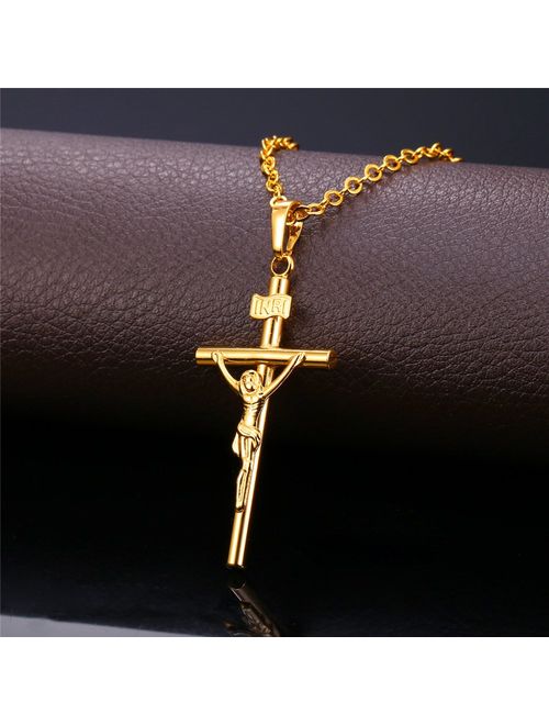 U7 Boys Girls Crucifix Cross Necklace Platinum/Stainless/18K Gold Plated Polished/Vintage/CZ/St Benedict Medal Cross Crucifix Pendant with Chain