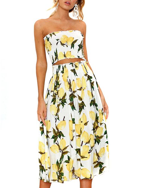 Women's Floral Lemon Bandeau Crop Top with Maxi Skirt 2 Piece Outfit Set