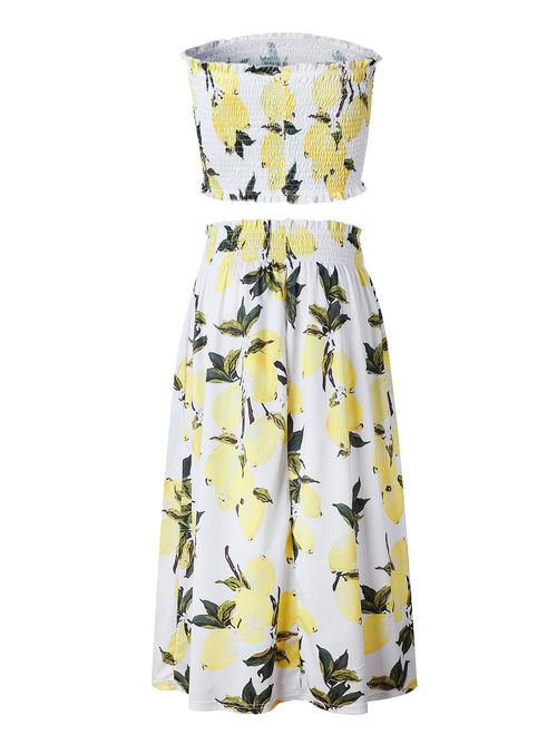 Women's Floral Lemon Bandeau Crop Top with Maxi Skirt 2 Piece Outfit Set