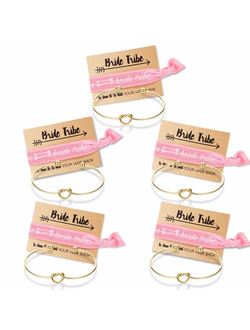 Mookoo Bridesmaid Bracelets 5 pcs Love Knot Open Bangle with Bride Tribe Hair tie for Best Friend, BFF of The Bride Wedding Gift