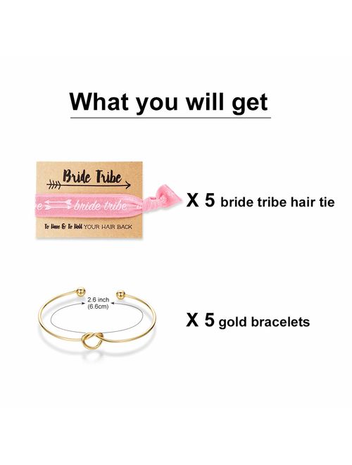 Mookoo Bridesmaid Bracelets 5 pcs Love Knot Open Bangle with Bride Tribe Hair tie for Best Friend, BFF of The Bride Wedding Gift