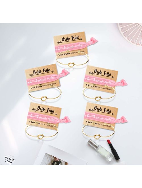 Mookoo Bridesmaid Bracelets 5 pcs Love Knot Open Bangle with Bride Tribe Hair tie for Best Friend, BFF of The Bride Wedding Gift