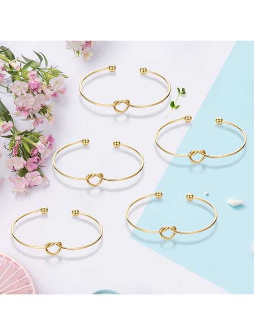 Mookoo Bridesmaid Bracelets 5 pcs Love Knot Open Bangle with Bride Tribe Hair tie for Best Friend, BFF of The Bride Wedding Gift