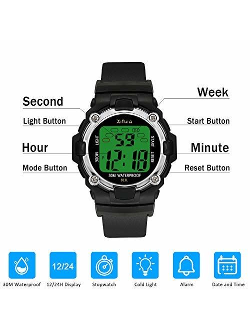 Kids Digital Watches for Boys Girls,7Colors Led Light Outdoor Sports Waterproof Multi Function Wristwatch with Alarm/Timer/Dual Time Zone,Dial Strap Detachable Fun Childr