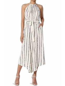 Sleeveless Striped Crossover V Neck Tie Open Back Wide Leg Jumpsuit