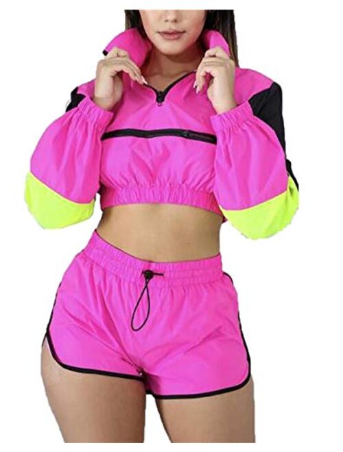 Emoliy Women 2 Piece Outfits Tracksuit Jumpsuits Lightweight Windbreaker Pullover Jacket Crop Top Pants Set