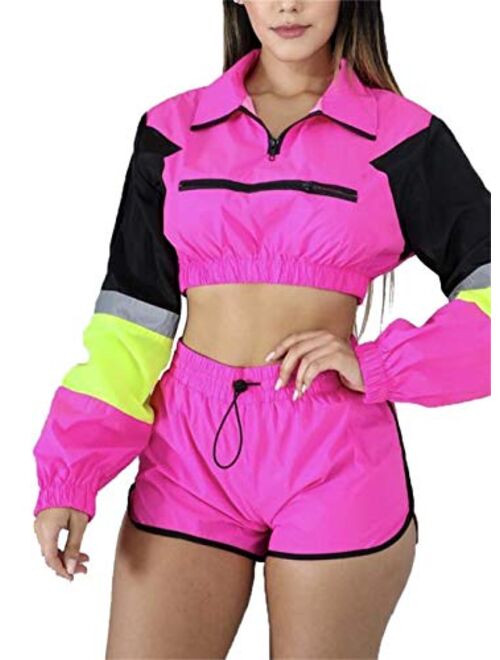 Emoliy Women 2 Piece Outfits Tracksuit Jumpsuits Lightweight Windbreaker Pullover Jacket Crop Top Pants Set