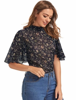 Women's Floral Print High Neck Puff Long Sleeve Chiffon Blouse