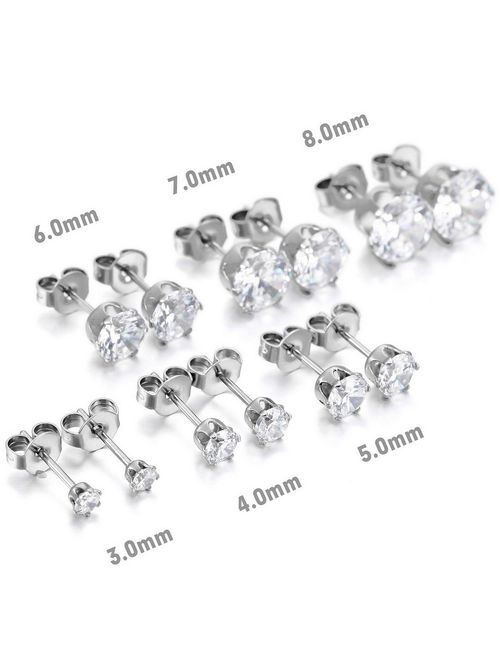 YAN & LEI Hypoallergenic Surgical Stainless Steel Round Clear Cubic Zirconia Ear Stud Earrings for Women 6 Pairs Set in 3,4,5,6,7,8 mm